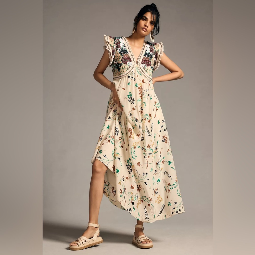 Anthropologie Floral Maxi Dress with Crochet Detail - Picture 5 of 10